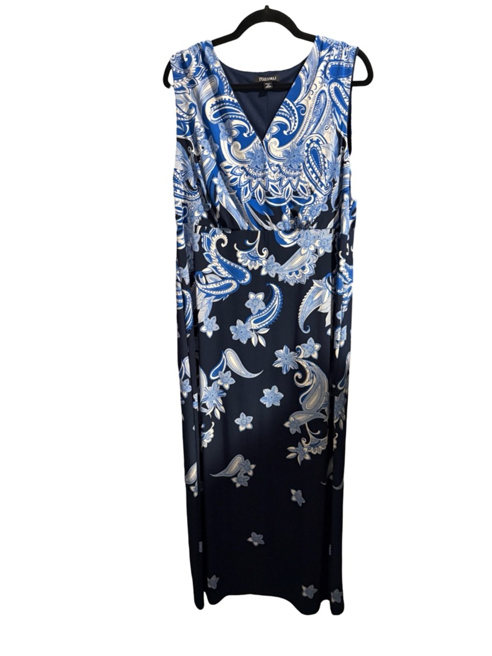Roz & Ali Blue Paisley V-Neck Maxi Dress Plus Size 1X Faux Wrap